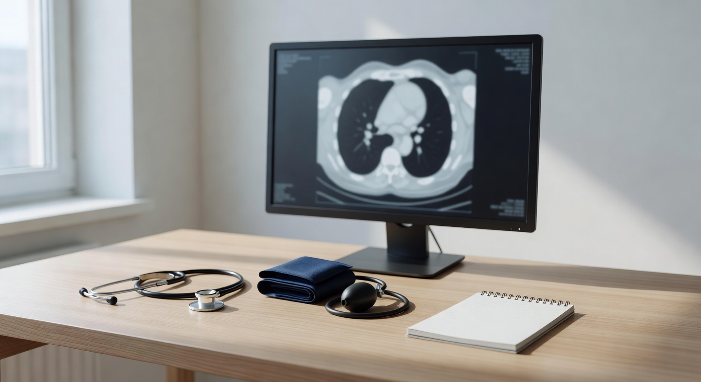 Clinic desk with CT scan on monitor and heart health tools