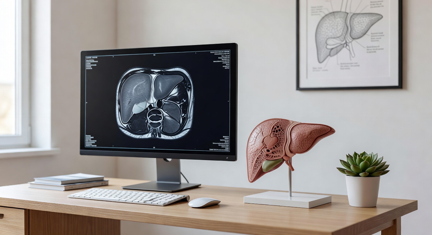 Radiology workstation with abdominal MRI images and a liver model