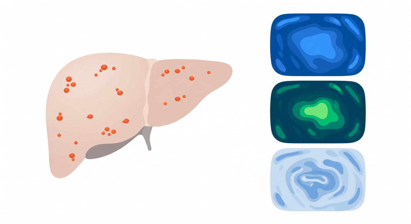 Simplified liver illustration with highlighted spots and MRI sequence panels