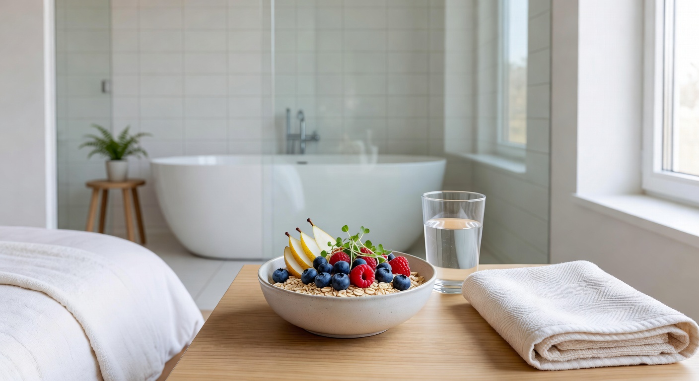Water and fiber-rich foods in a calm home setting for constipation prevention