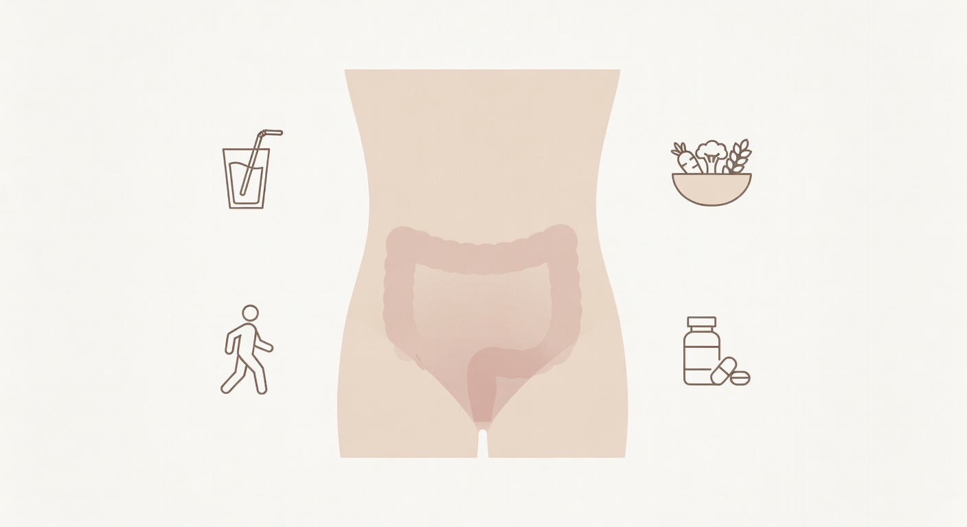 Simple illustration of lower colon area with hydration, fiber, movement, and medication icons