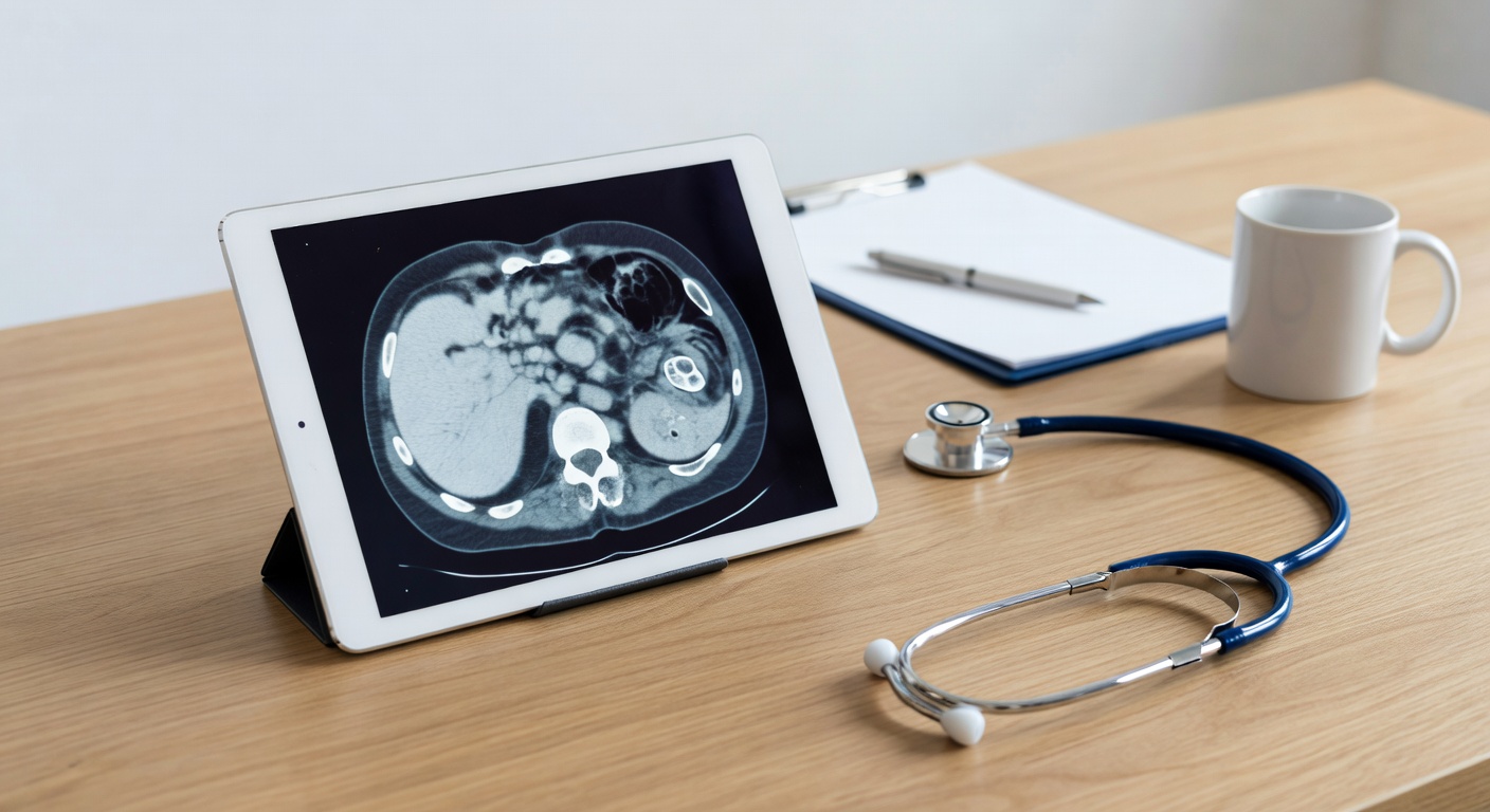 Tablet with a generic pelvic CT image on a medical desk