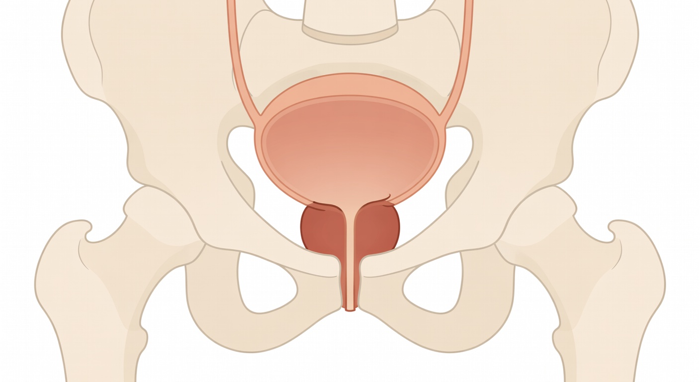 Illustration of an enlarged prostate pressing on the bladder