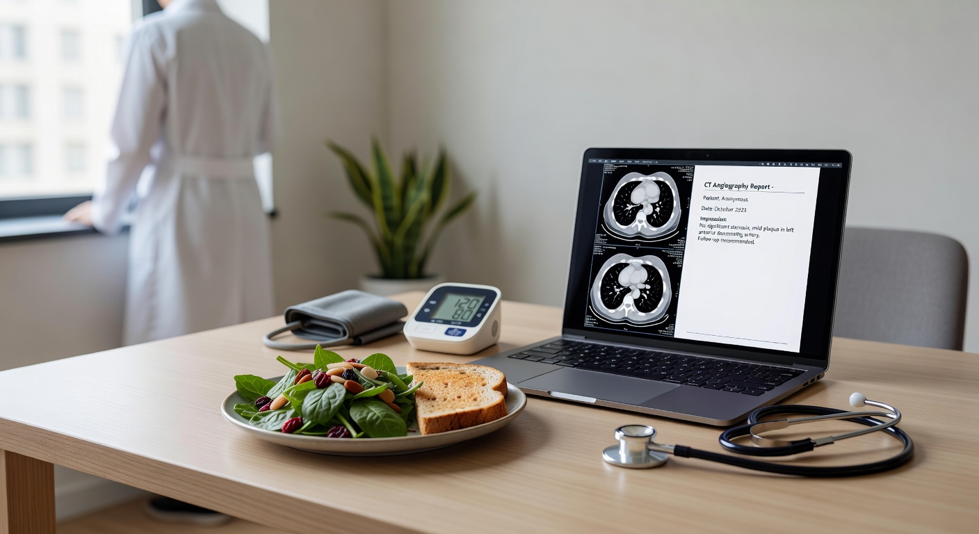 CT report beside a blood pressure cuff and heart-healthy food