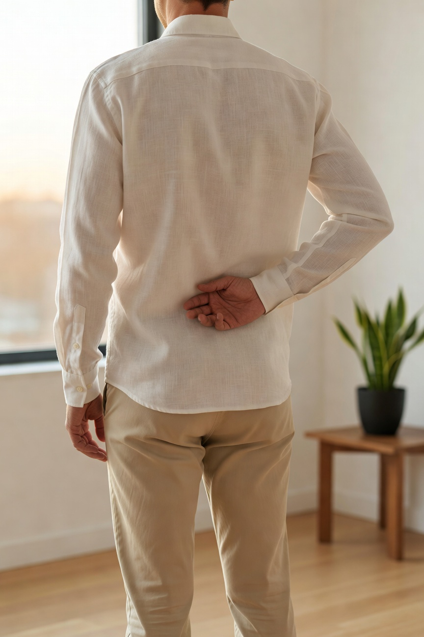 Person standing in soft light with a hand on the lower back