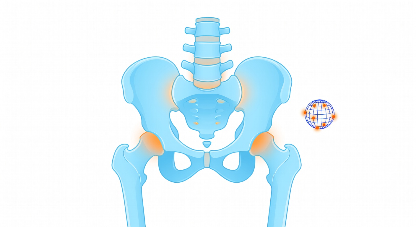 Illustration of pelvis and spine with highlighted bone imaging areas