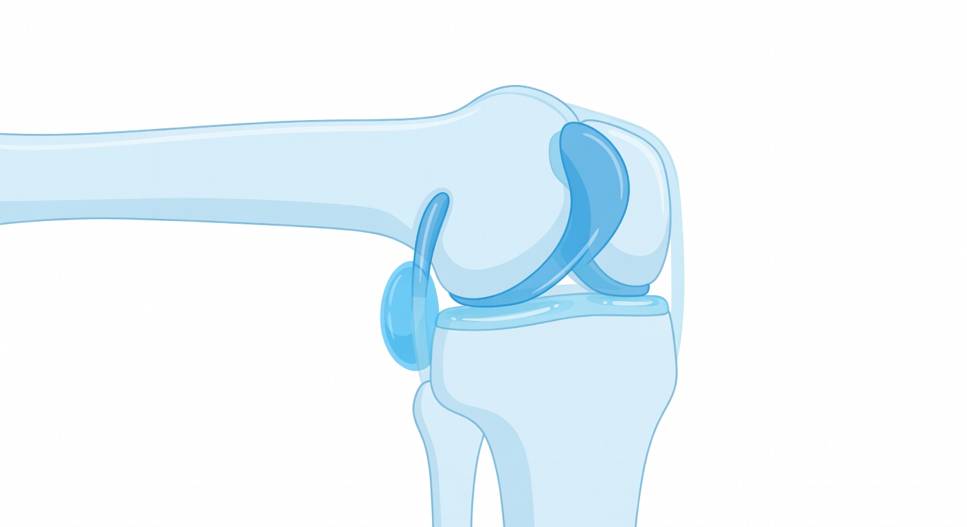 Simplified knee illustration showing meniscus, joint fluid, and Baker cyst