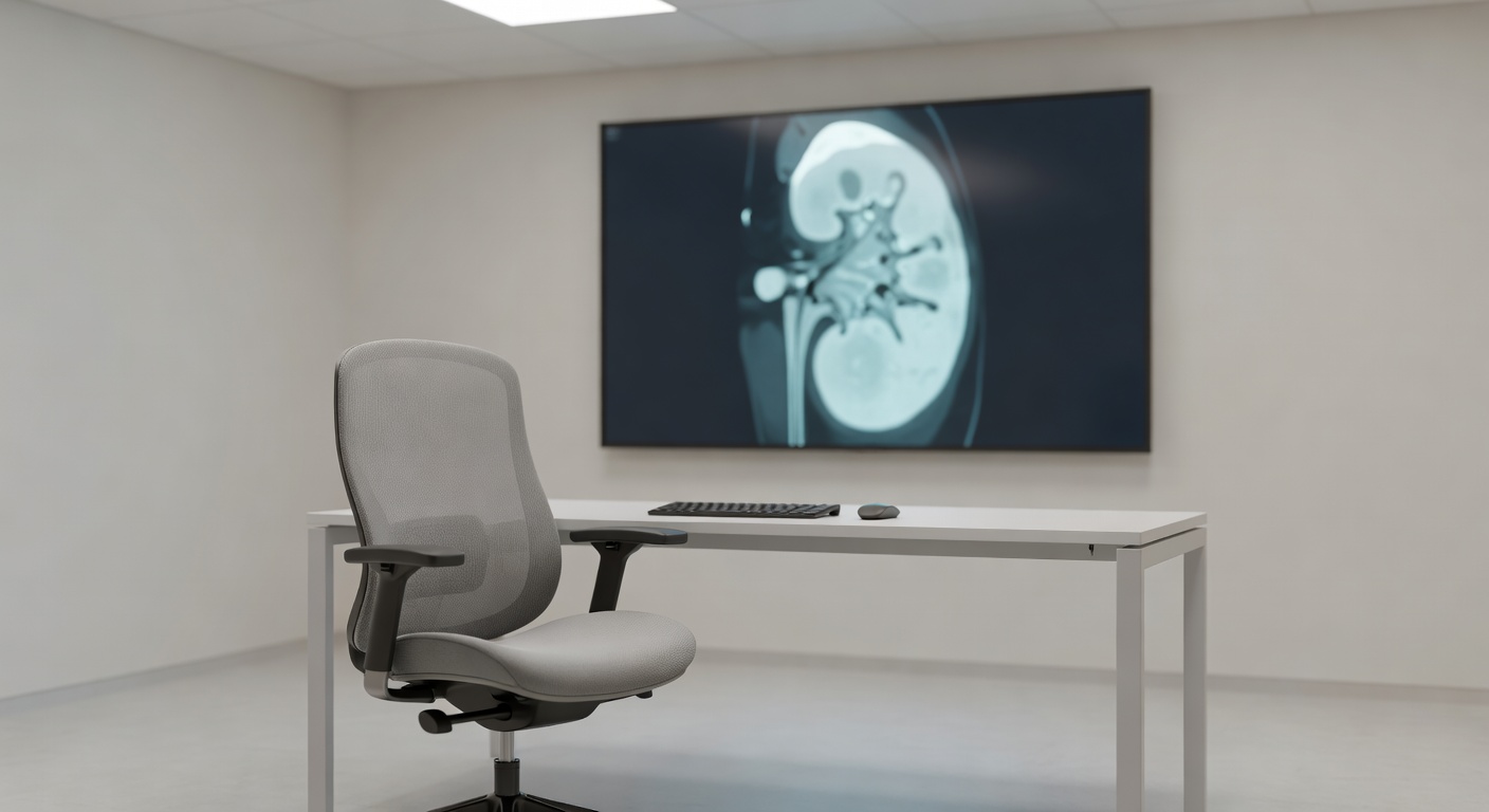 Radiology workstation displaying a kidney scan in a calm clinical setting