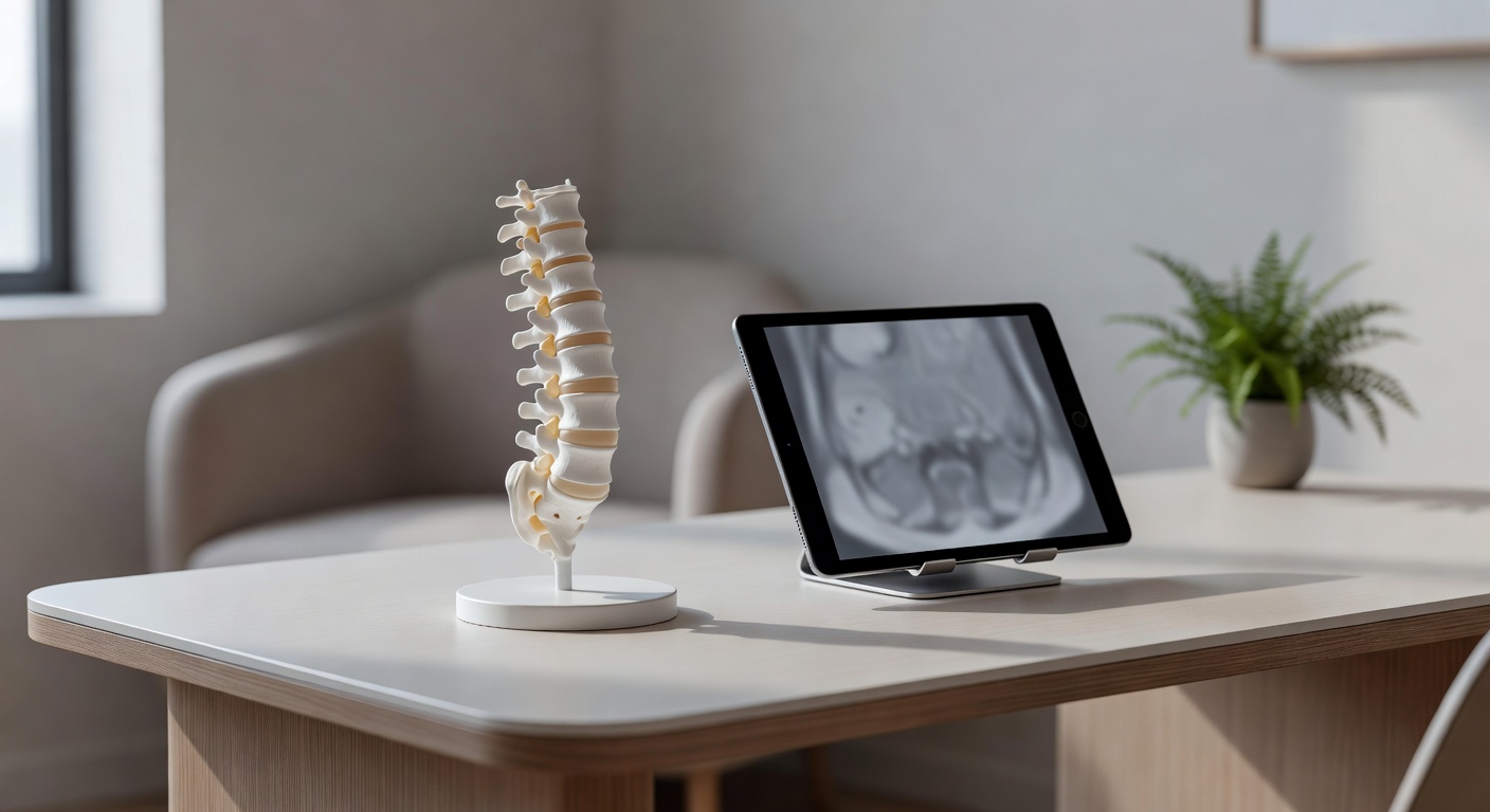 Spine model and MRI image on a clinic desk