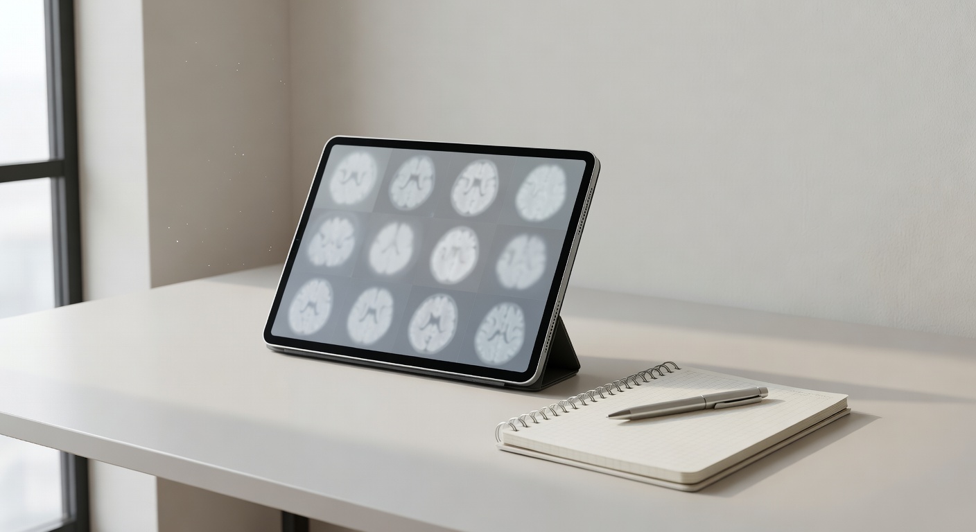 Notebook beside abstract brain scan images on a tablet