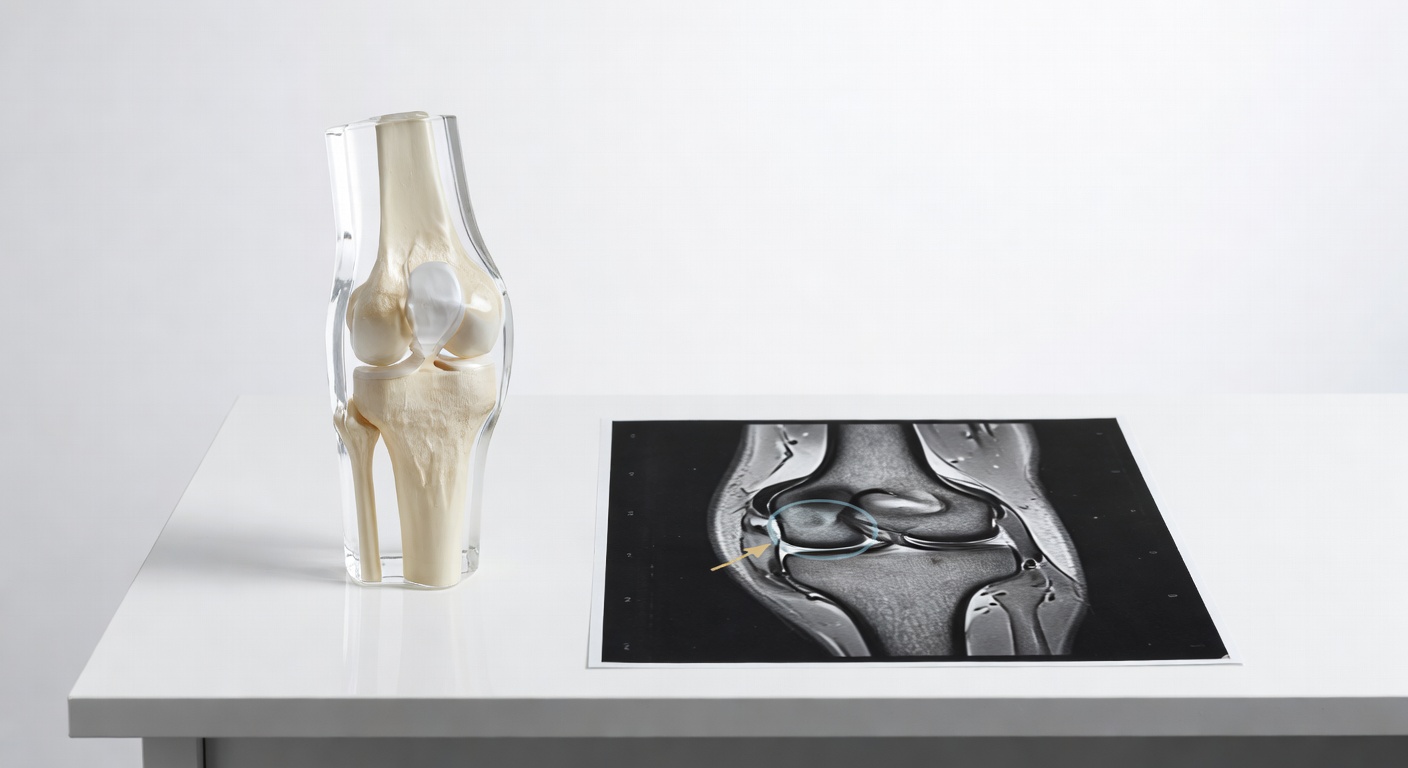 Knee model and generic MRI scan illustrating fluid and bone bruise