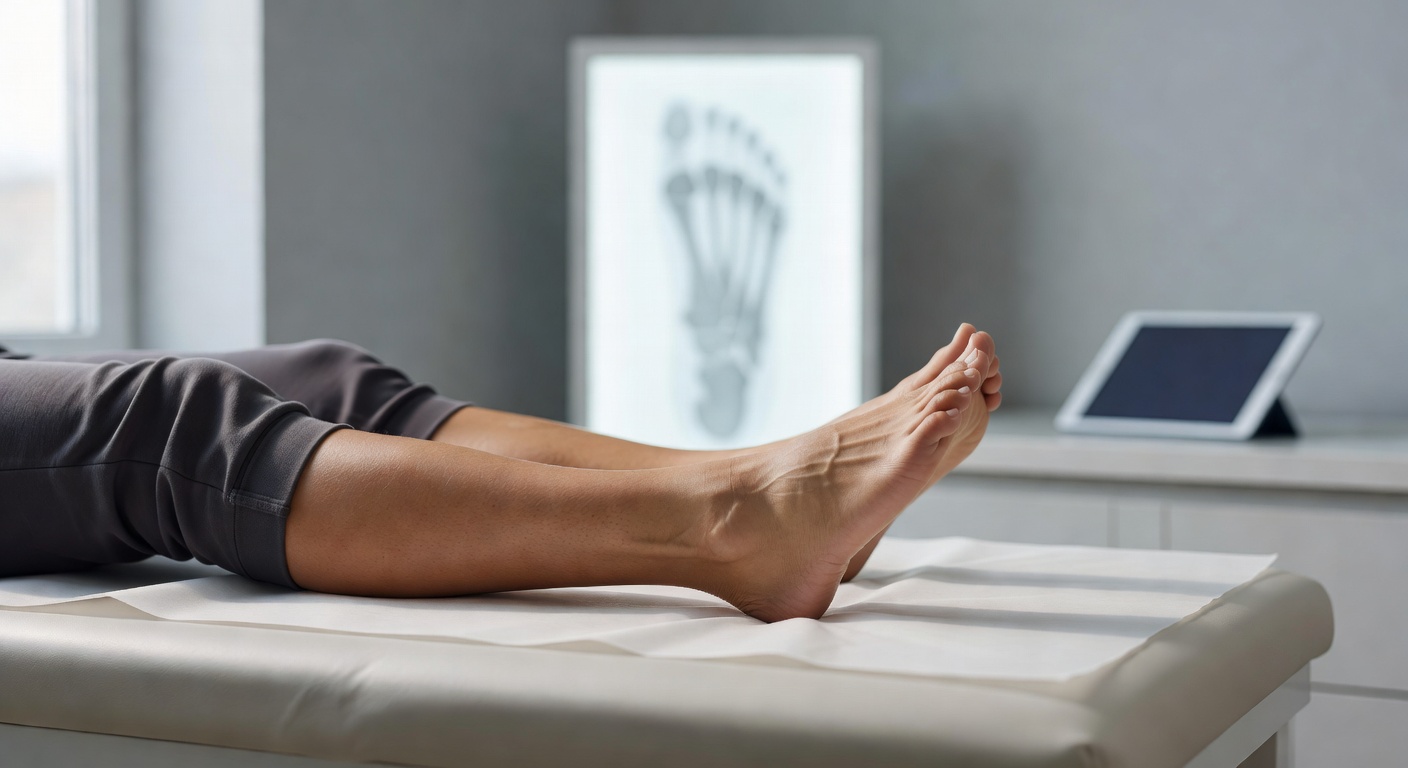 An ankle resting on an exam table with MRI images blurred in the background