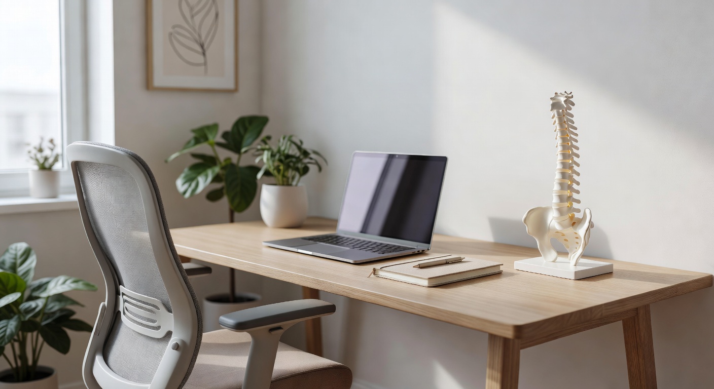 Home office desk with cervical spine model and laptop