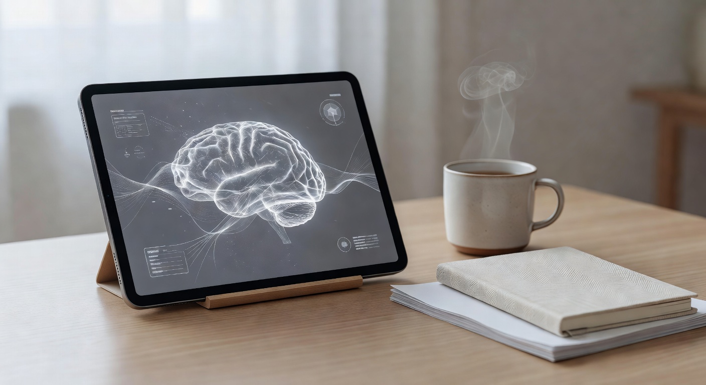 Tablet with abstract brain scan images on a calm medical desk