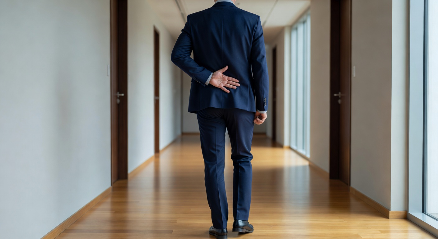 Person seen from behind holding lower back in a bright clinic hallway