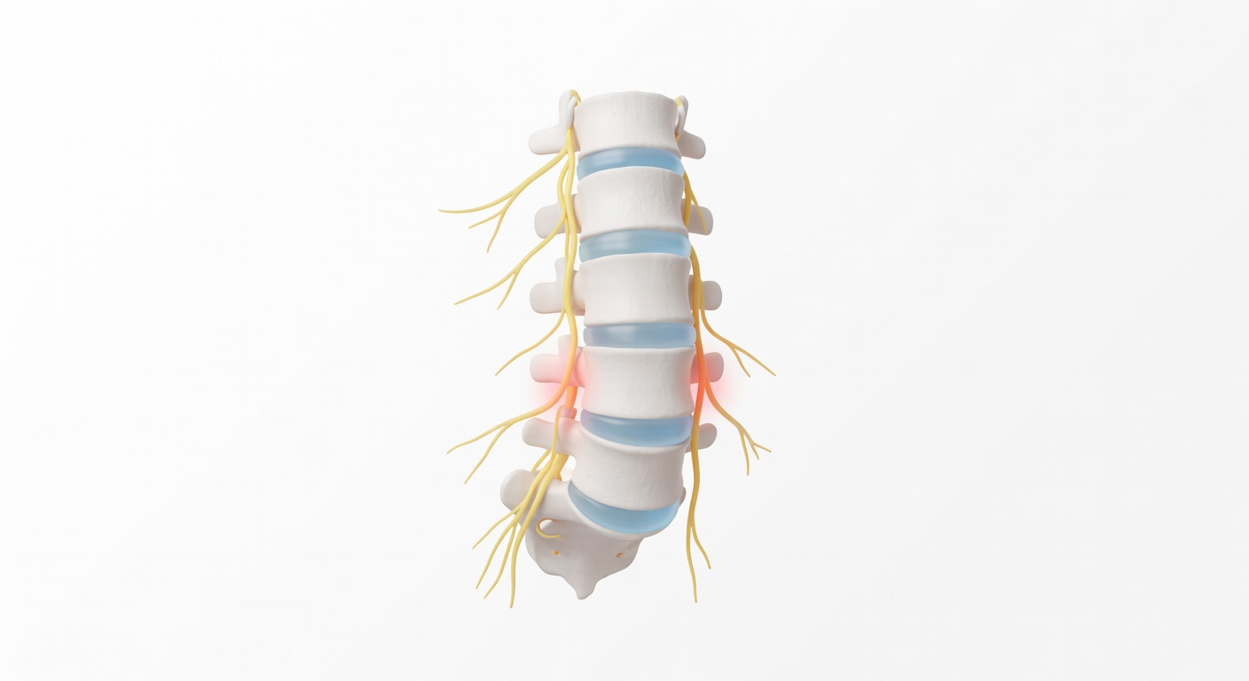 Simplified lumbar spine illustration showing discs, facet joints, and nerve spaces
