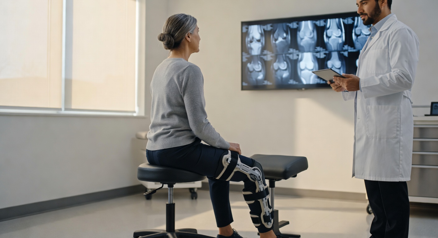 Person in clinic with knee brace and MRI images in the background