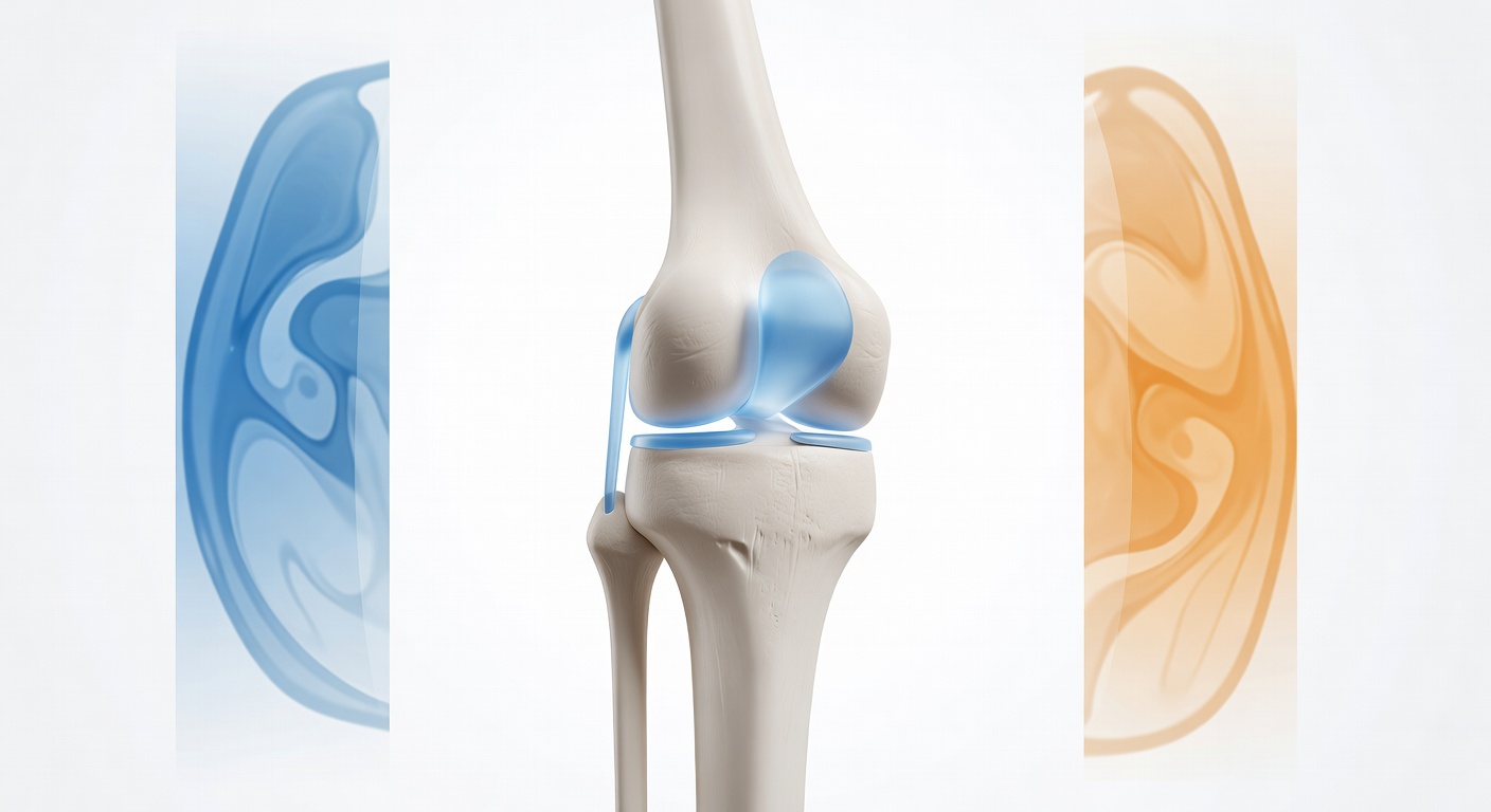 Simplified knee joint illustration with ACL highlighted beside MRI slices