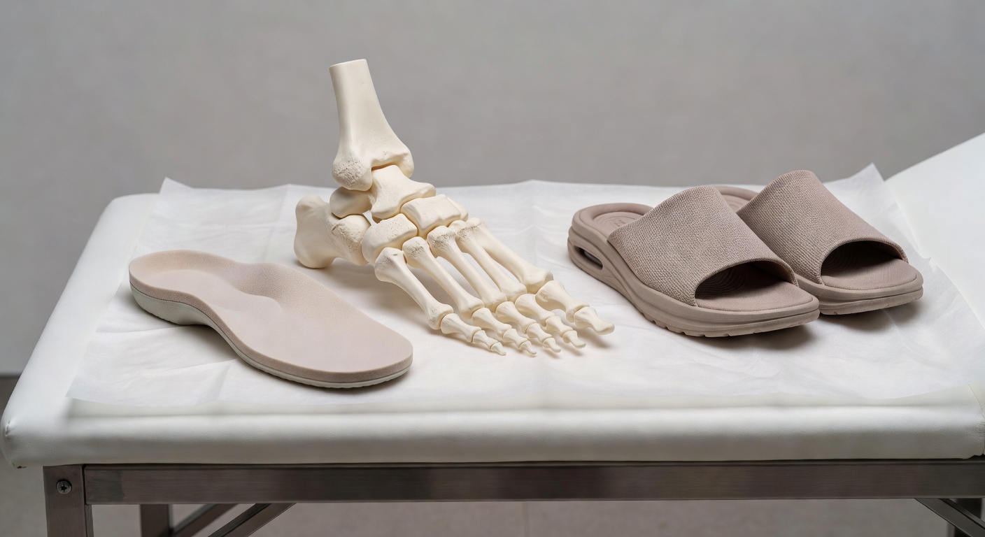Model foot joint with orthotic insert illustrating big toe arthritis care