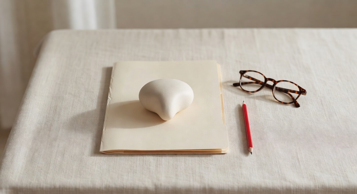 Minimal medical tabletop with prostate model, report folder, glasses, and red pencil