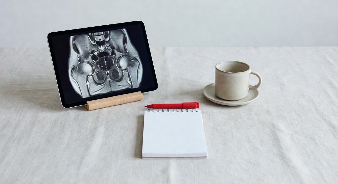 Tablet with abstract pelvic scan beside notepad and red marker on linen