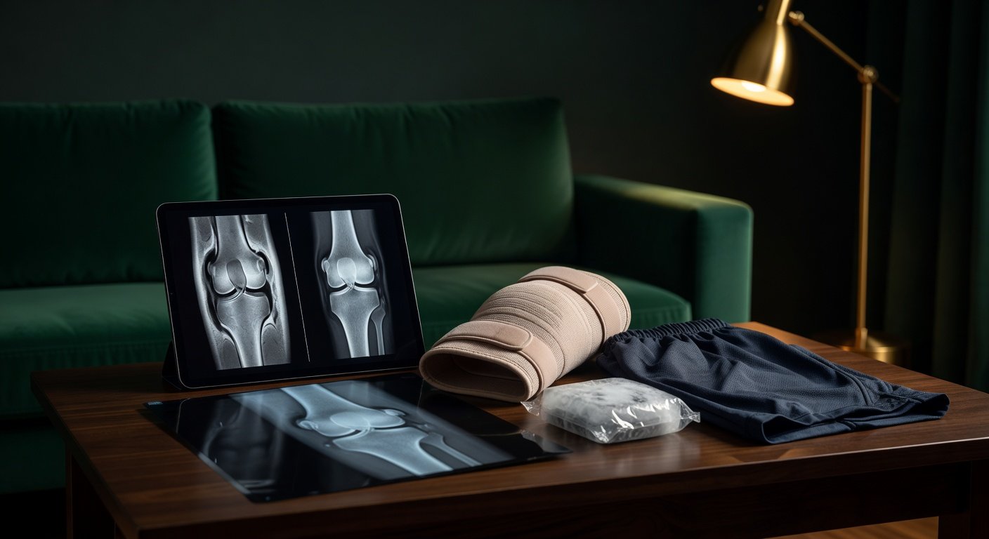 Knee MRI images beside a brace and ice pack in warm low light