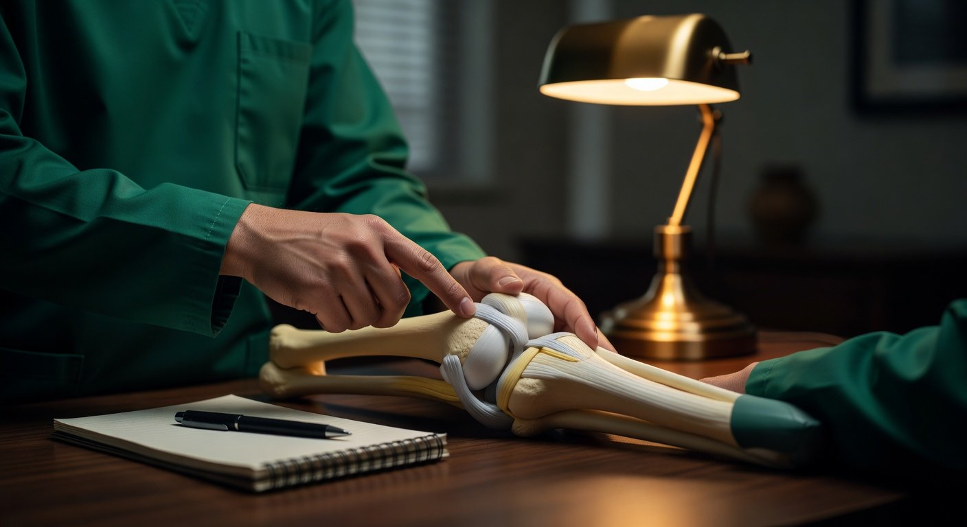 Hands pointing to a knee model showing ligament and meniscus areas