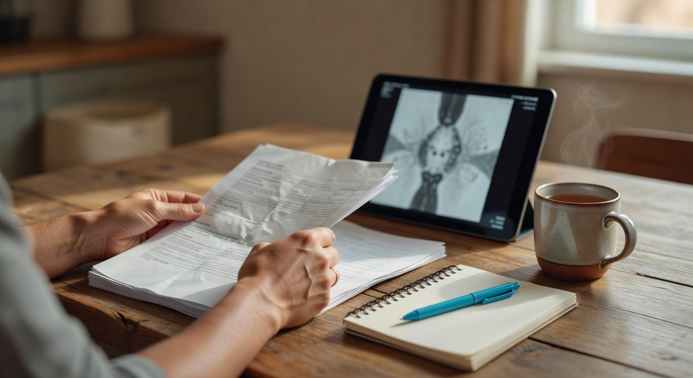 Hands reviewing medical scan papers at home with a notebook and pen