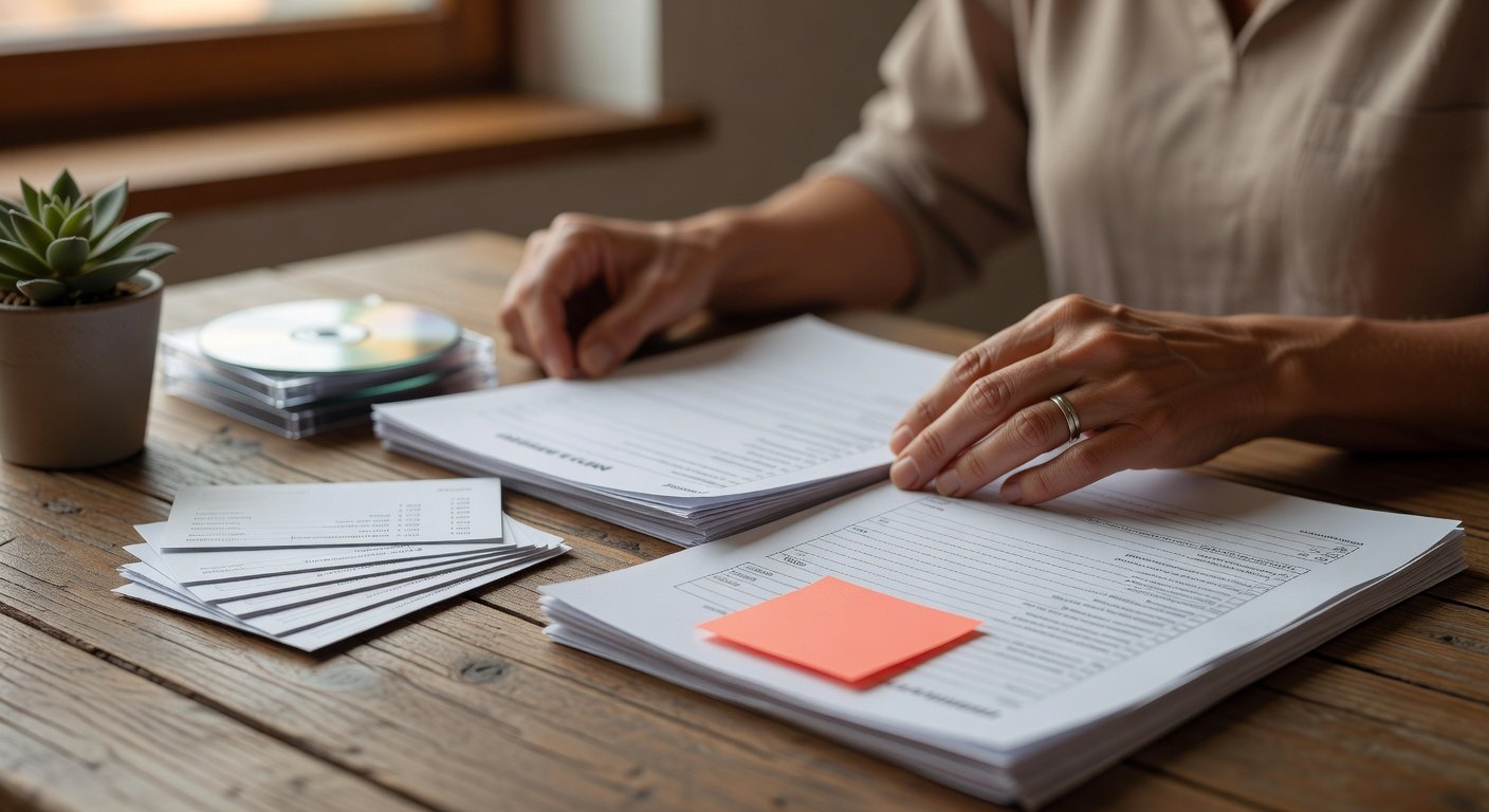 Hands organizing prior imaging reports and appointment notes at home