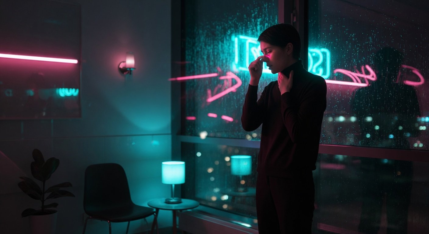 Person in neon-lit room touching throat and nose, suggesting sinus drainage and chronic cough