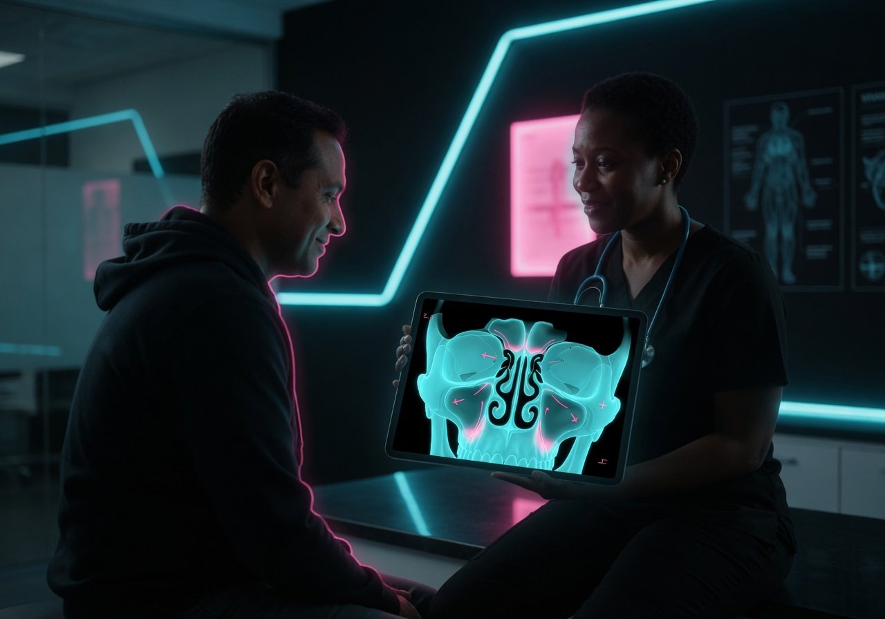 Patient and ENT clinician reviewing sinus imaging in a neon-lit clinic setting