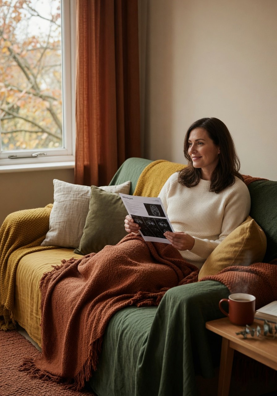 Woman calmly reading a medical report in a cozy room