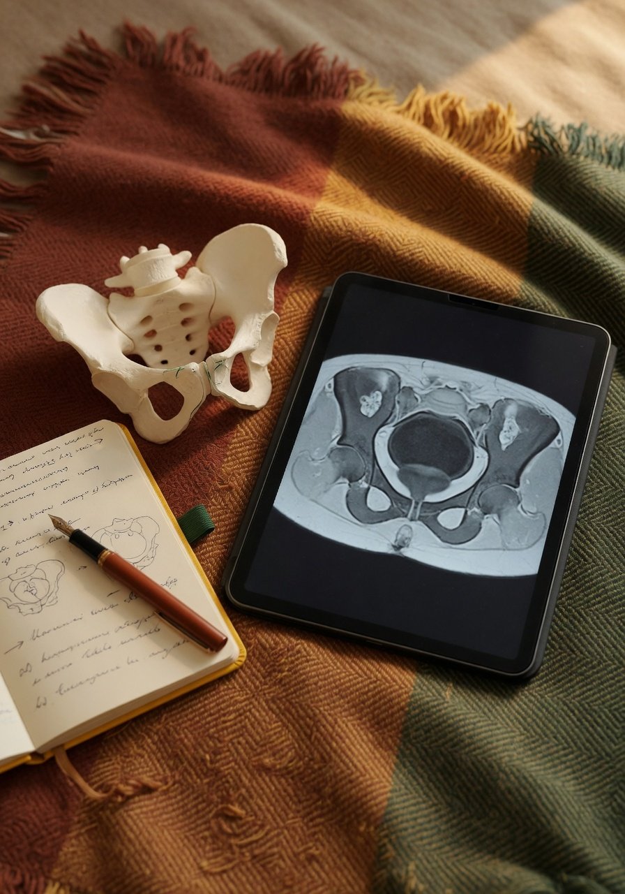 Tablet with generic pelvic scan beside notebook and pelvis model