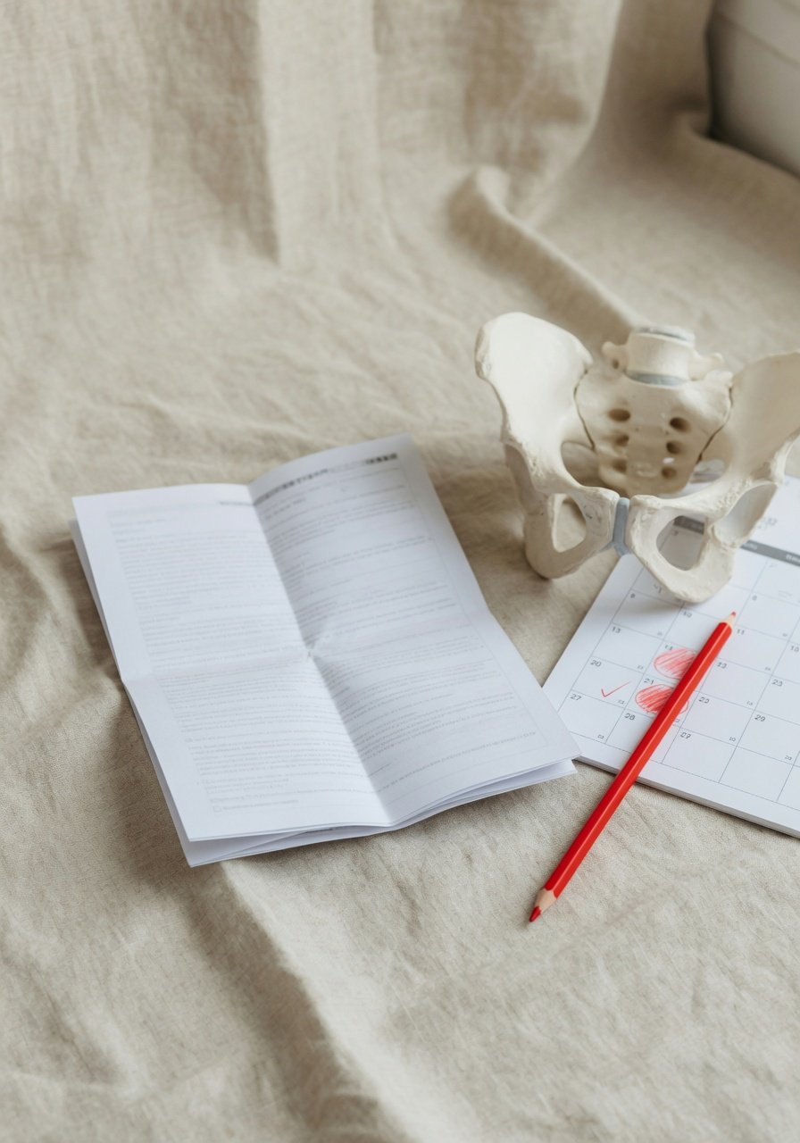 Pelvic MRI report and pelvis model on a calm beige tabletop