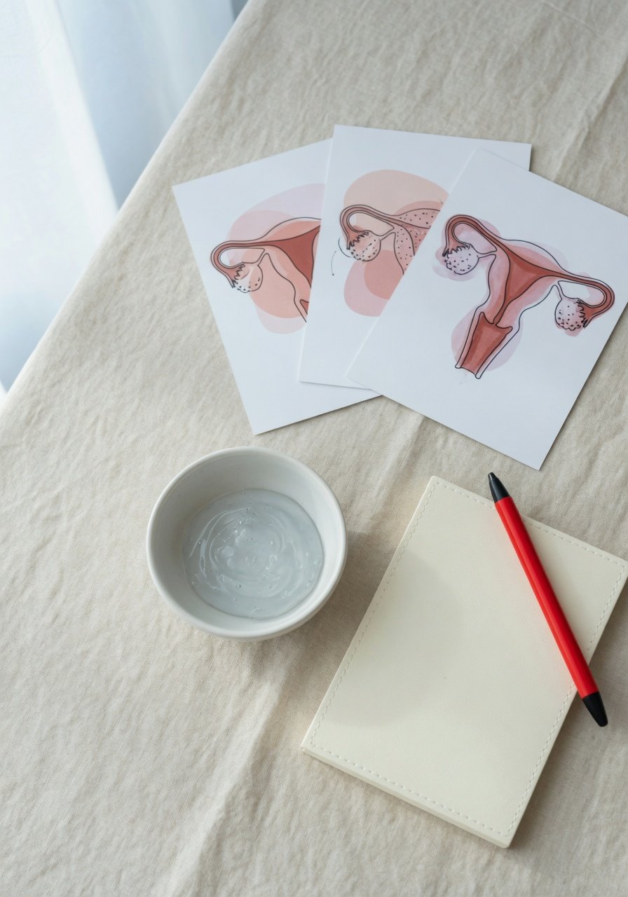 Gynecology consultation items arranged on a soft beige tabletop