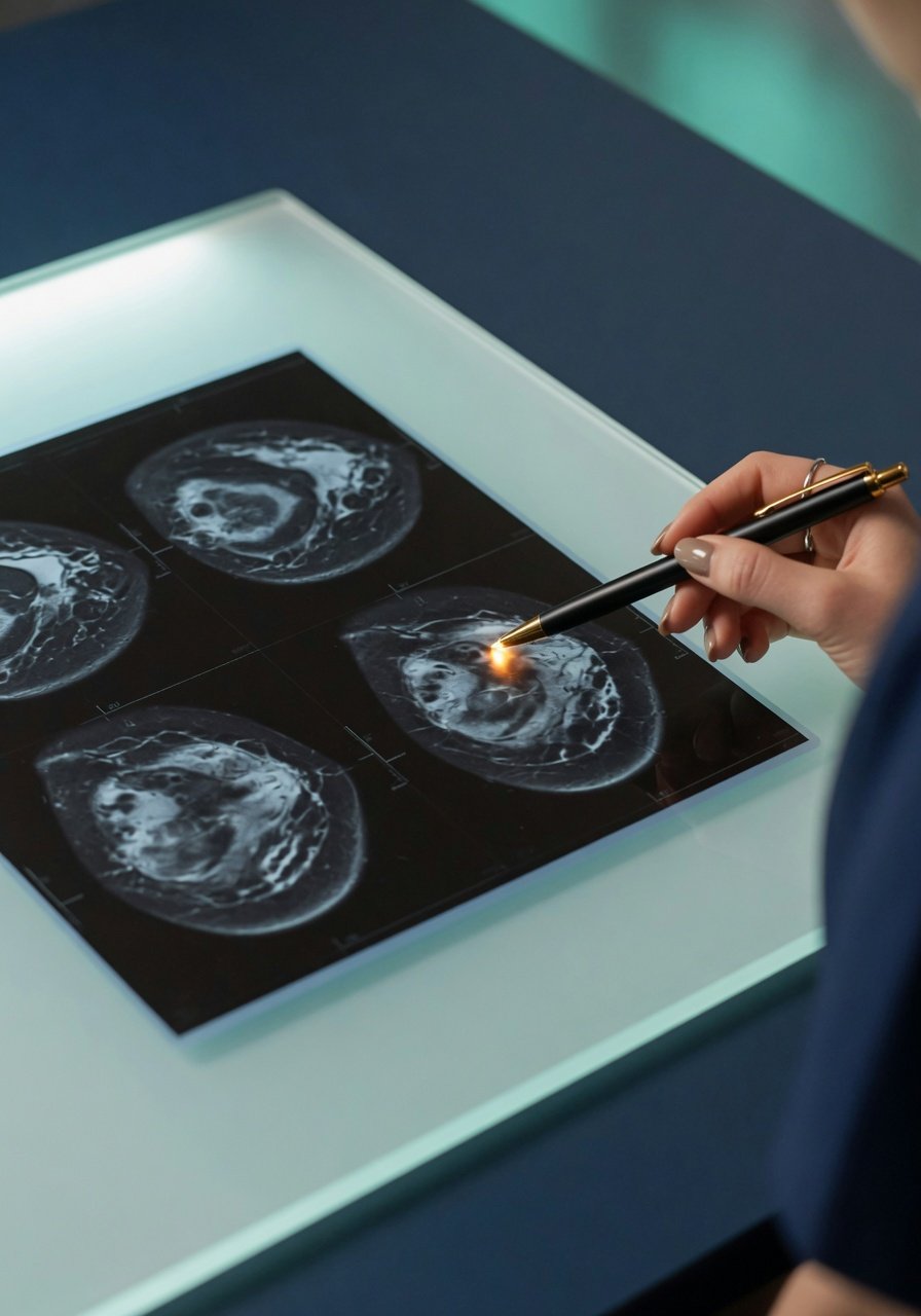 Close-up of a breast MRI scan being reviewed in a calm medical setting