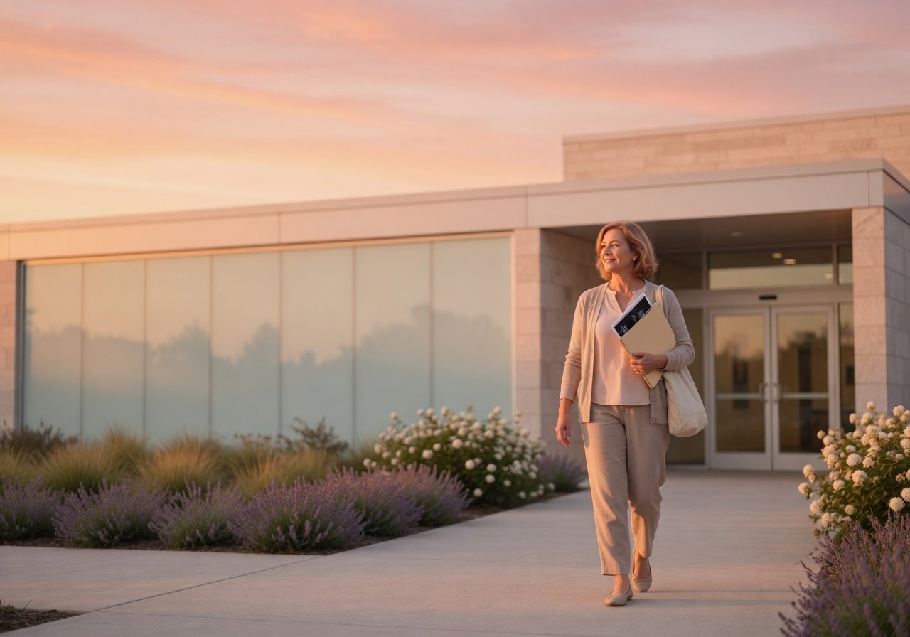 Patient holding MRI results outside a clinic at sunrise