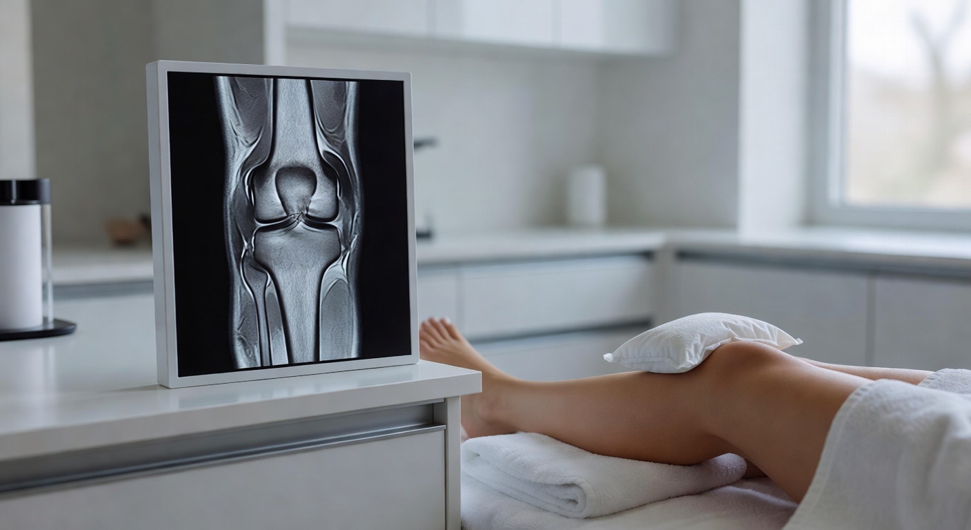 Knee MRI scan beside a resting knee in a clinic setting