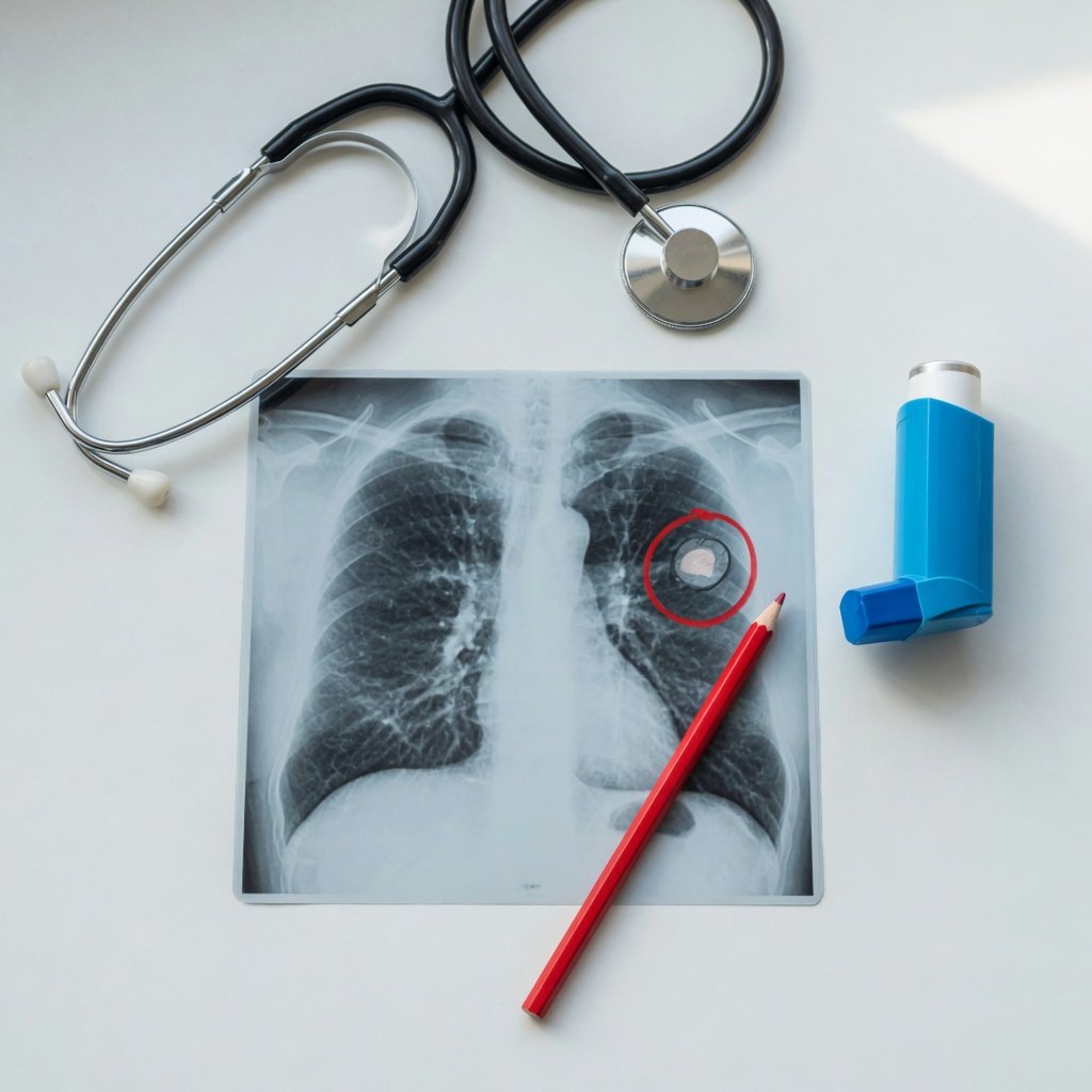 Flat-lay of chest CT printout, stethoscope, and inhaler on a clean white surface