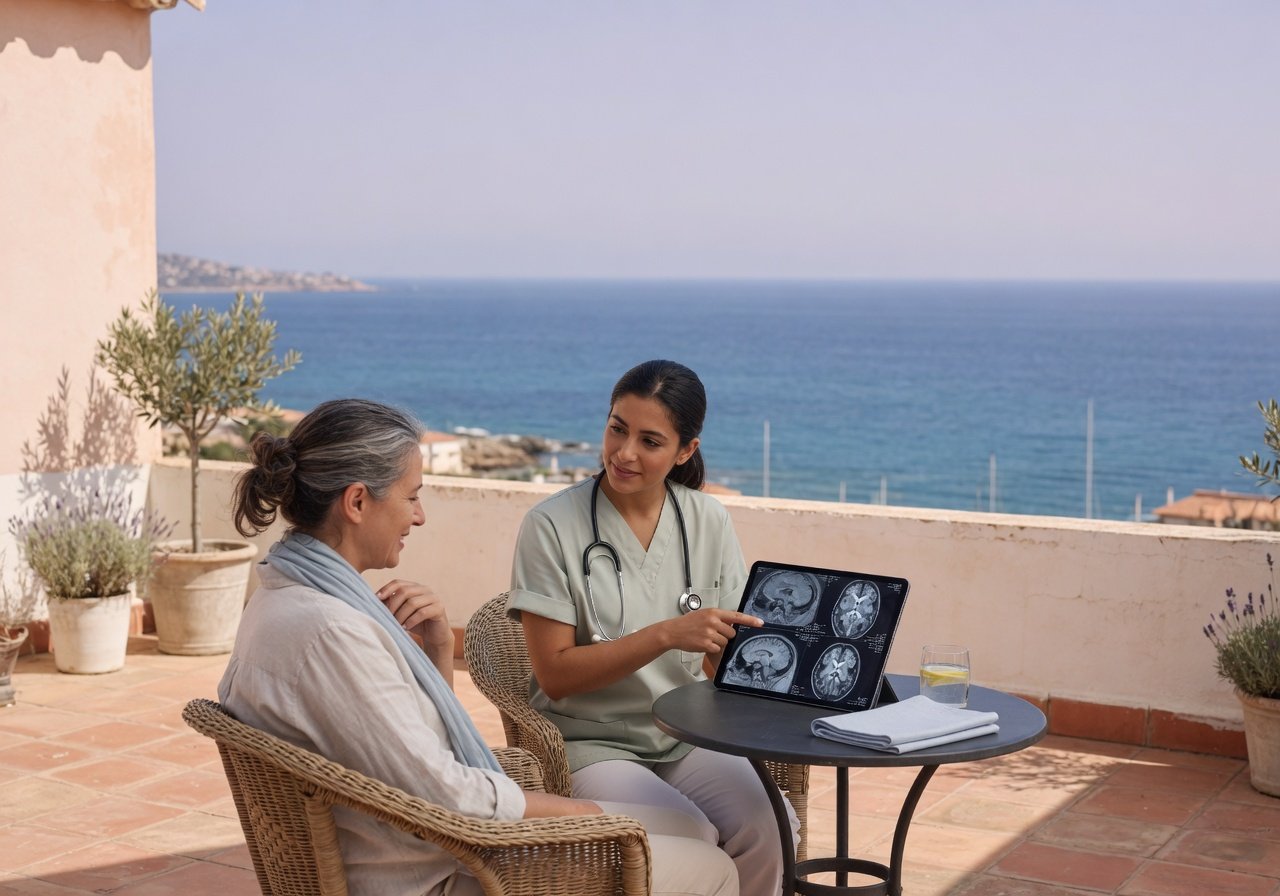 Patient and clinician reviewing abdominal MRI images in a bright coastal setting
