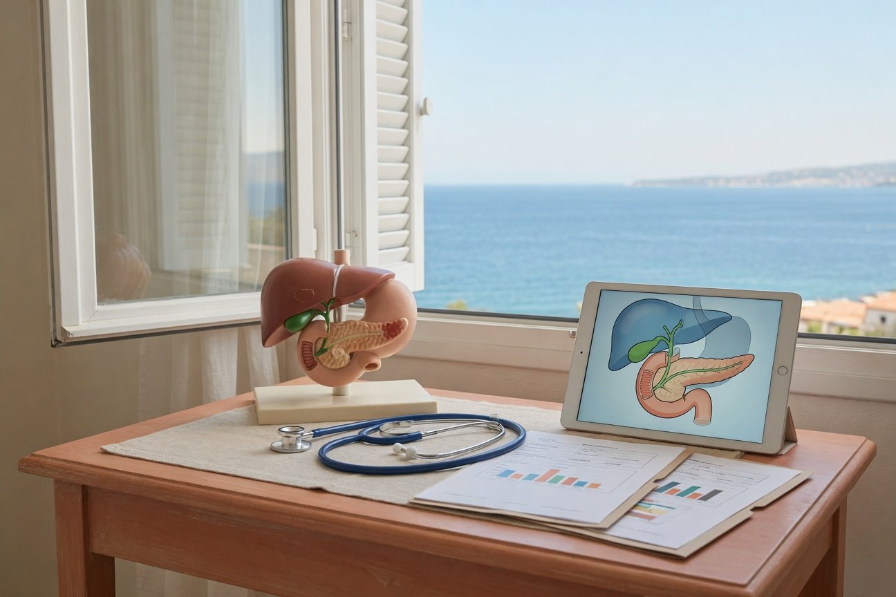 Desk with abdominal model, lab papers, and tablet suggesting MRCP review