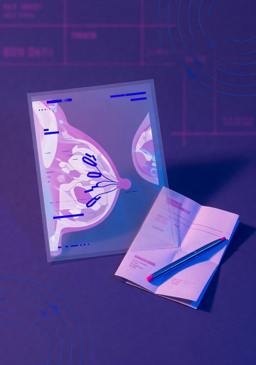Abstract breast MRI report and scan in magenta and blue lighting
