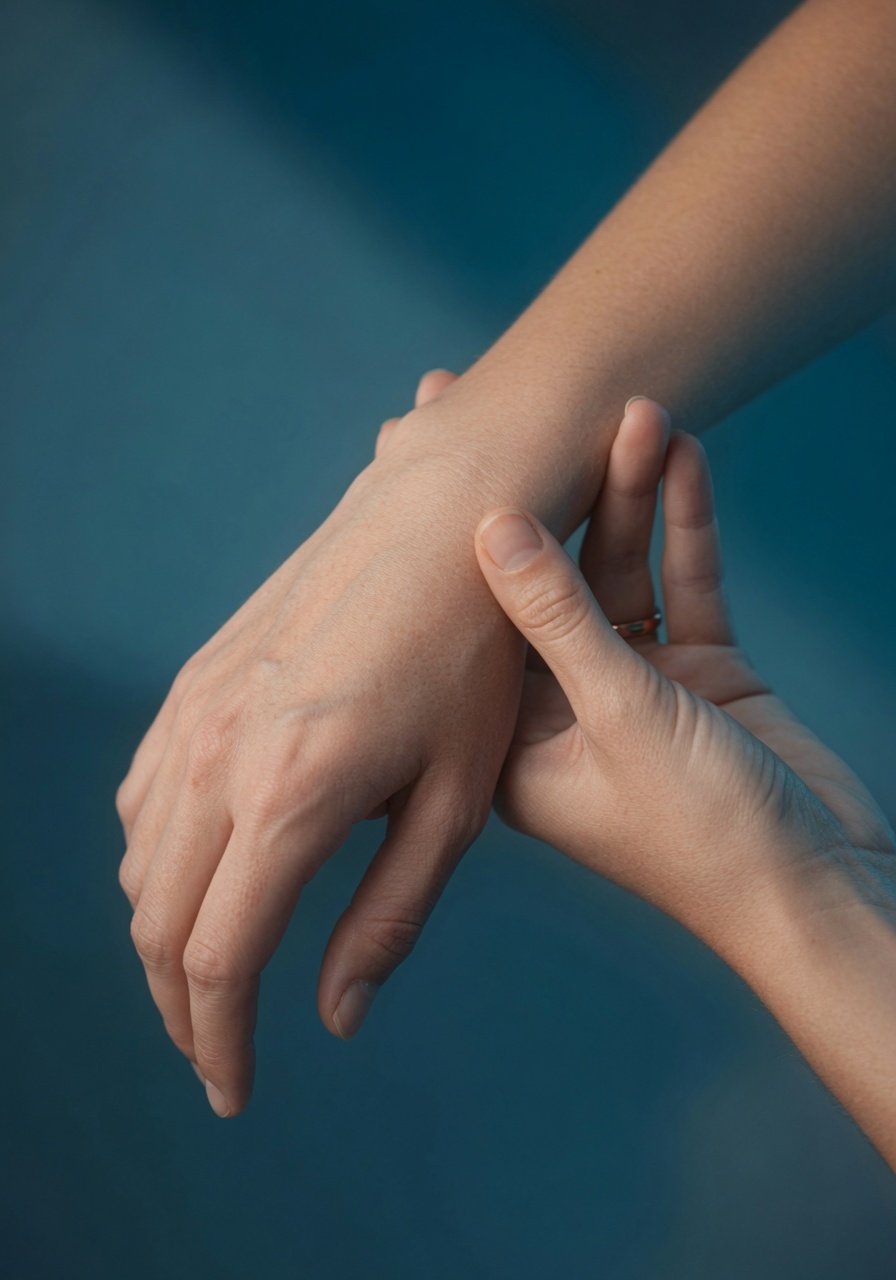 Close-up of a person gently holding the little-finger side of the wrist