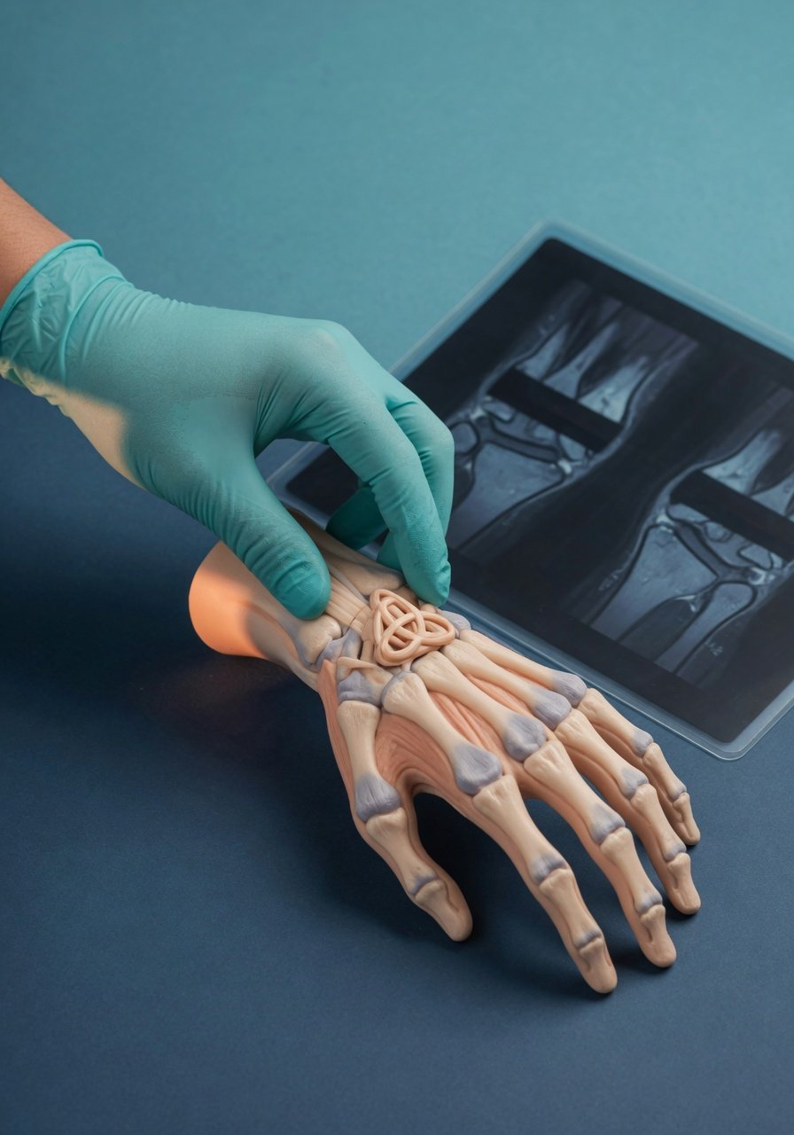 Clinician demonstrating the ulnar side of the wrist on a hand model