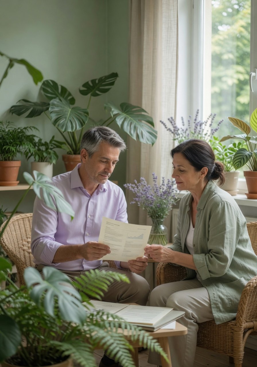 Patient and clinician calmly reviewing scan results near plants
