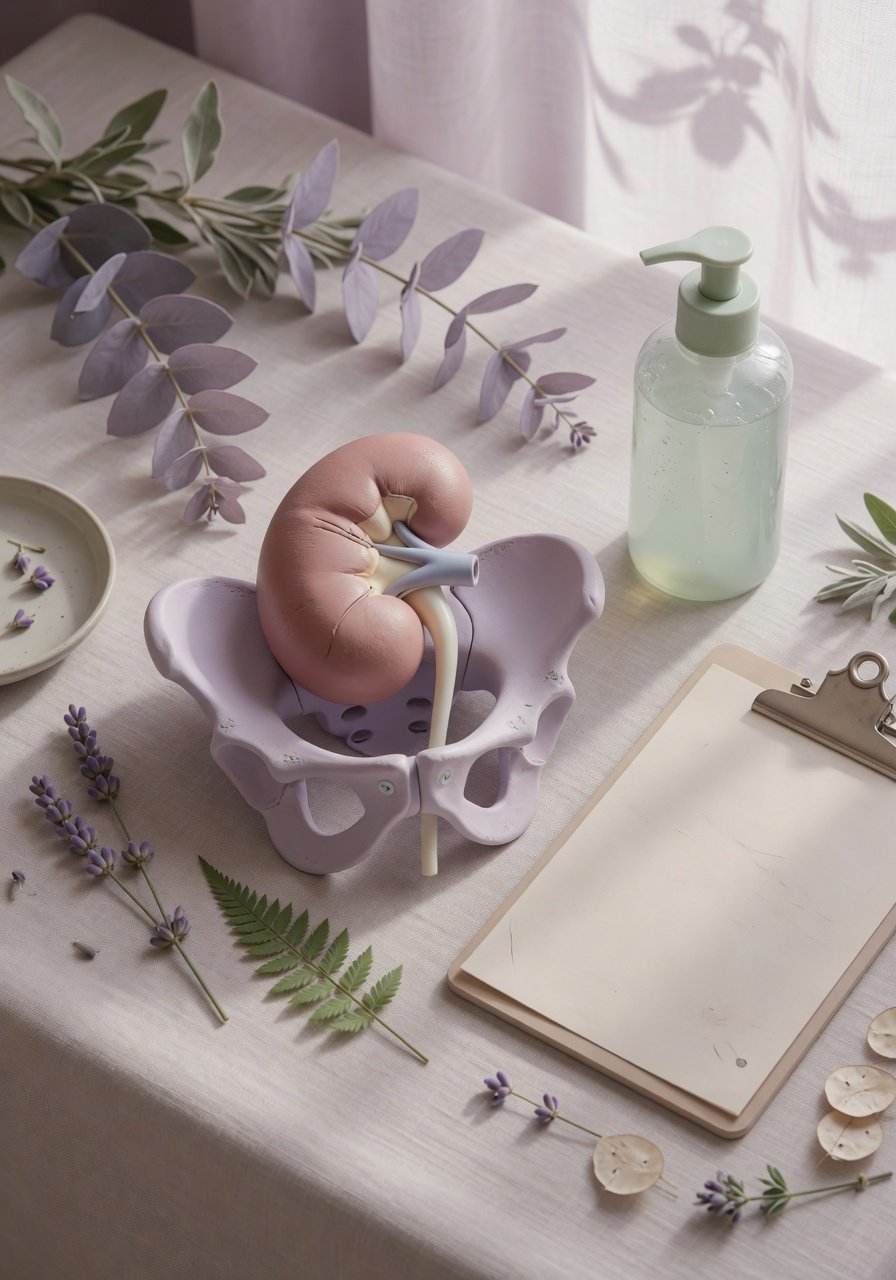 Kidney and pelvis model with ultrasound items in a calm botanical setting