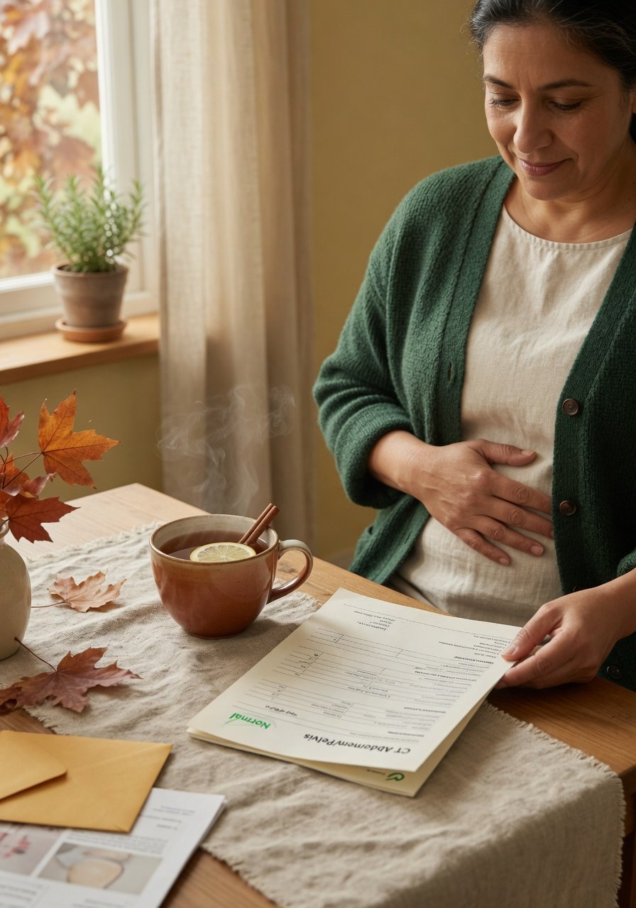 Person calmly reviewing a medical report at home with a hand on their abdomen