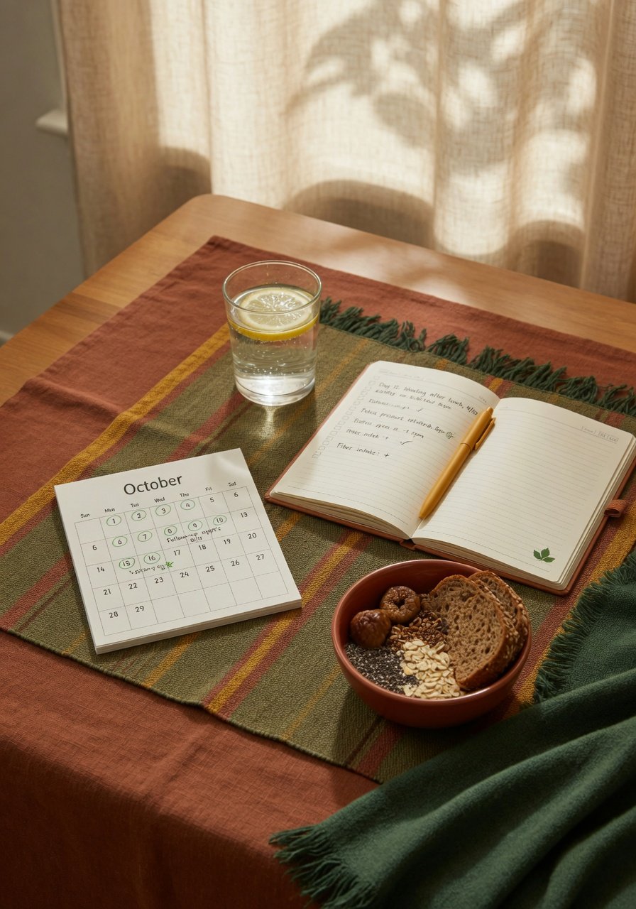 Symptom journal and healthy foods on a cozy table for planning follow-up care