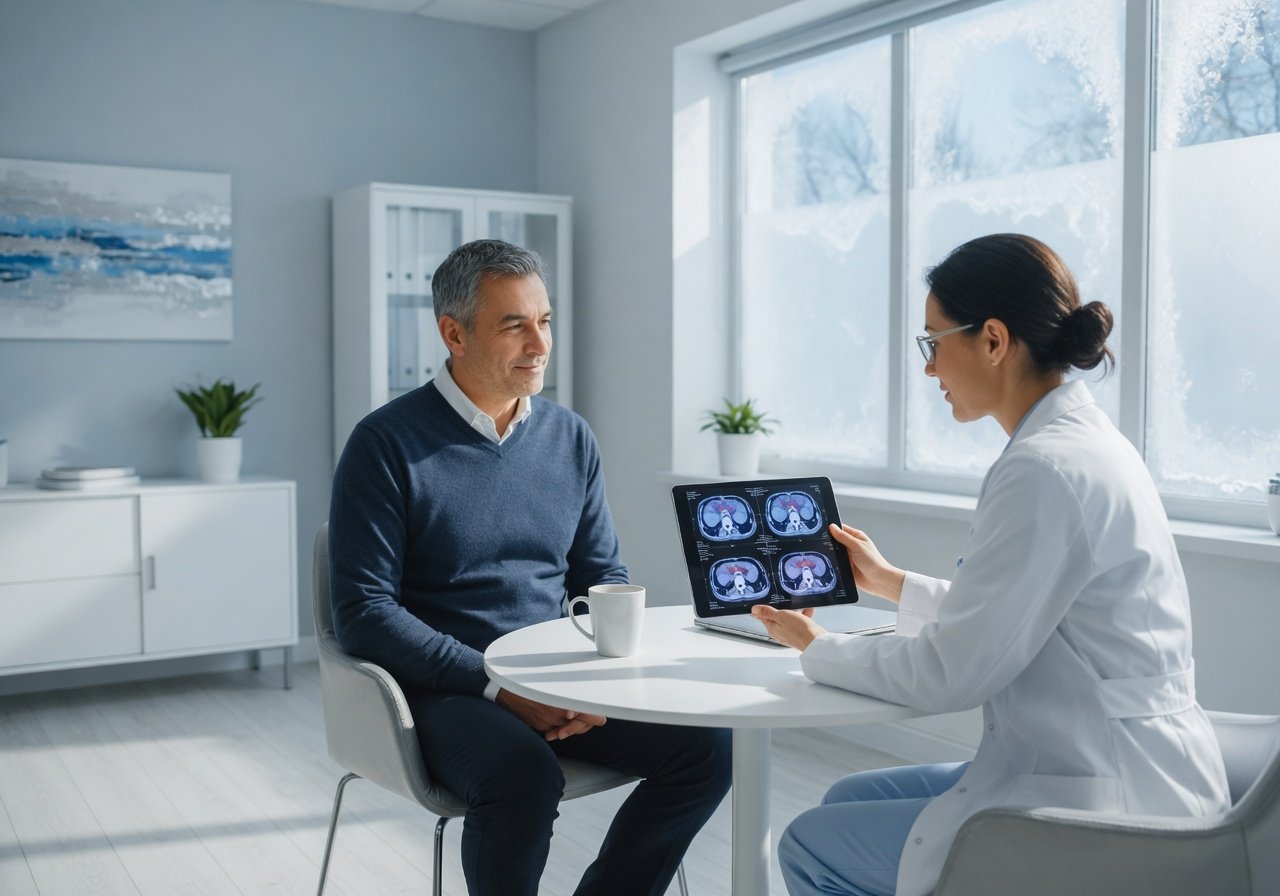Doctor and patient reviewing prostate MRI results in a bright clinic