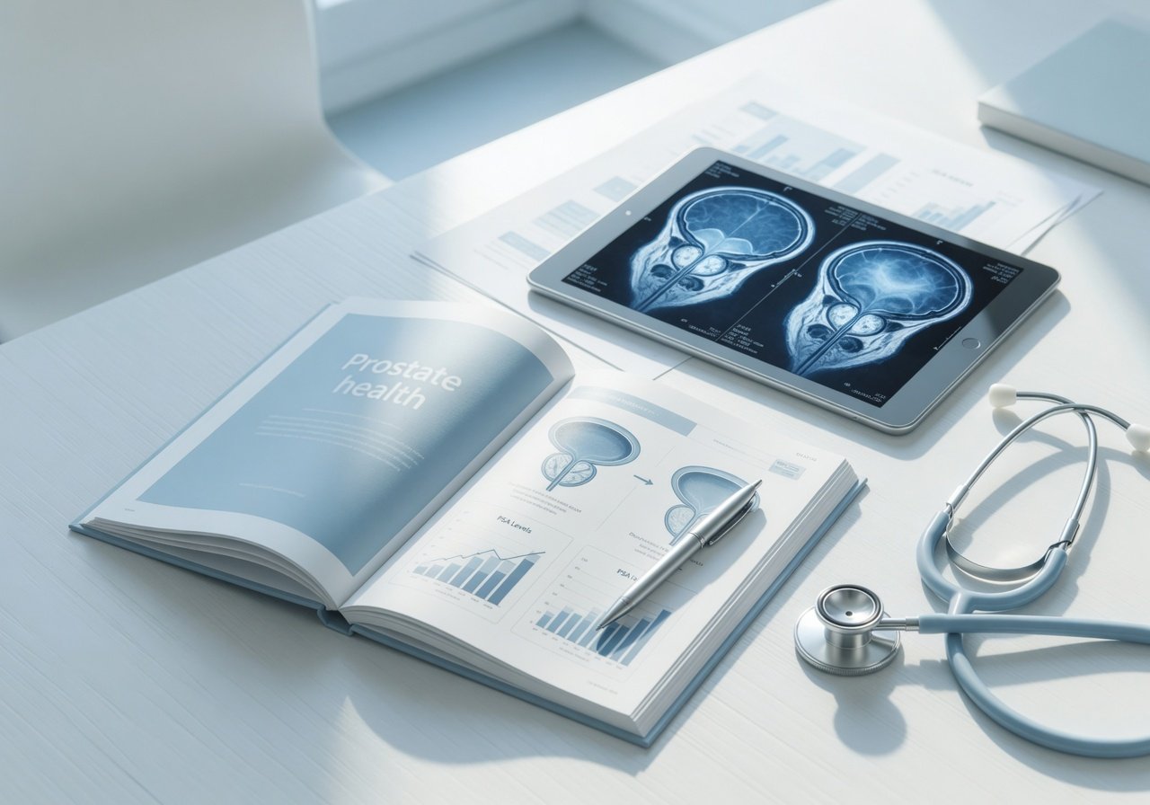 Tablet with abstract prostate MRI beside medical notes on a bright desk